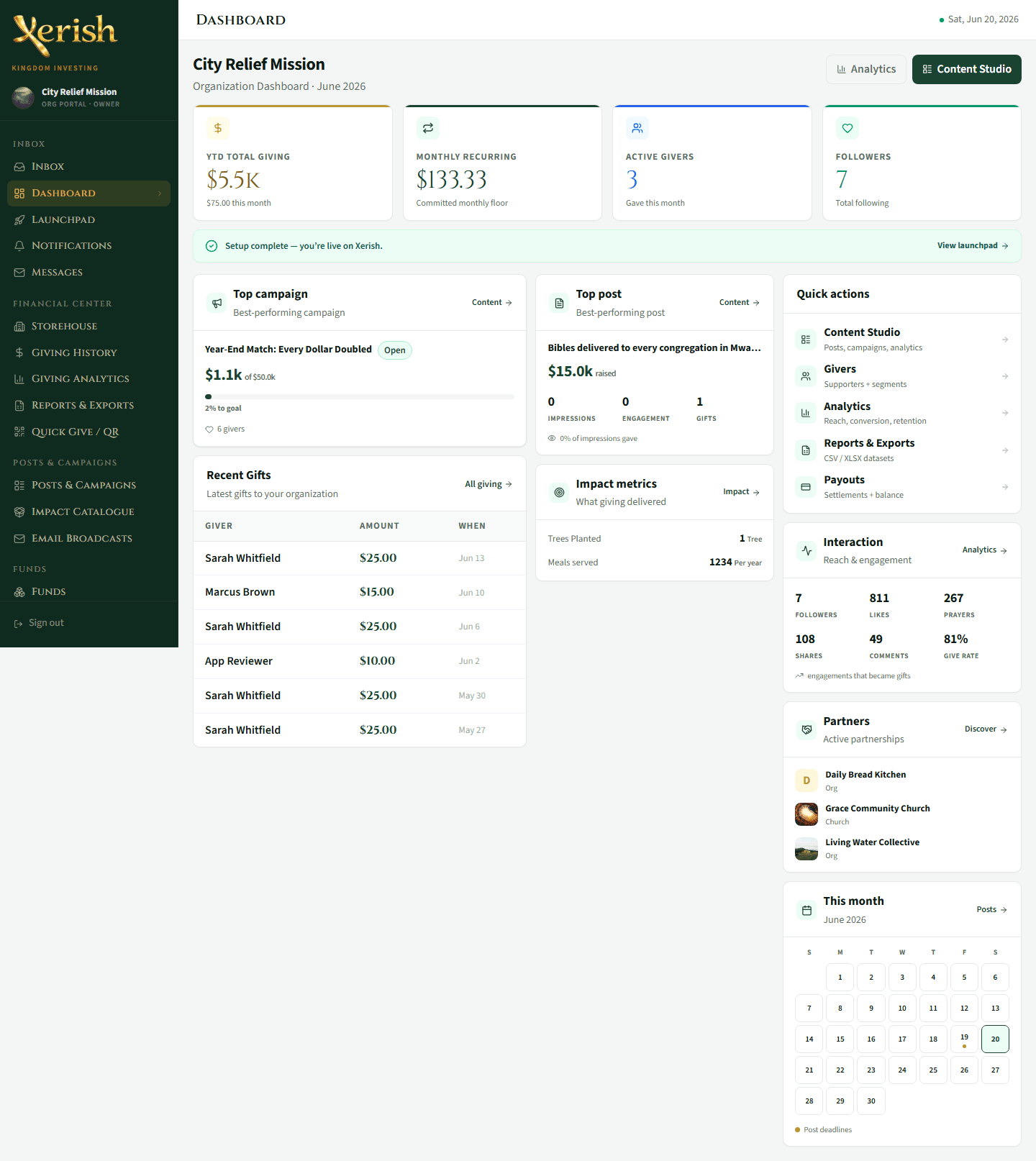 The Xerish dashboard